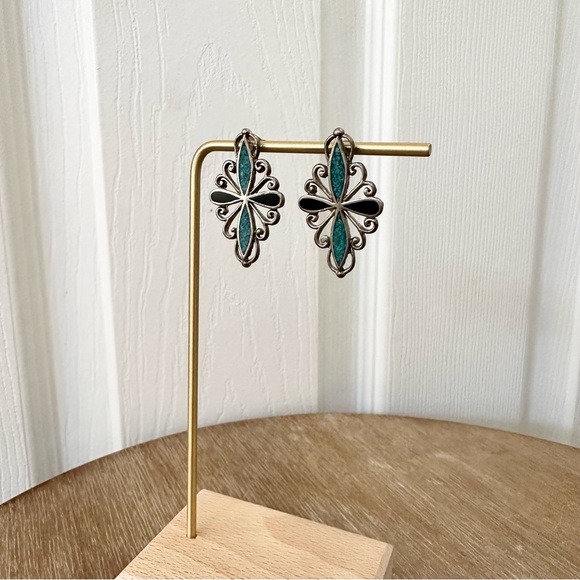 Silver Tone Turquoise Stylized Cross Swirl Scroll Hanging Stud Earrings NWT - Picture 4 of 6